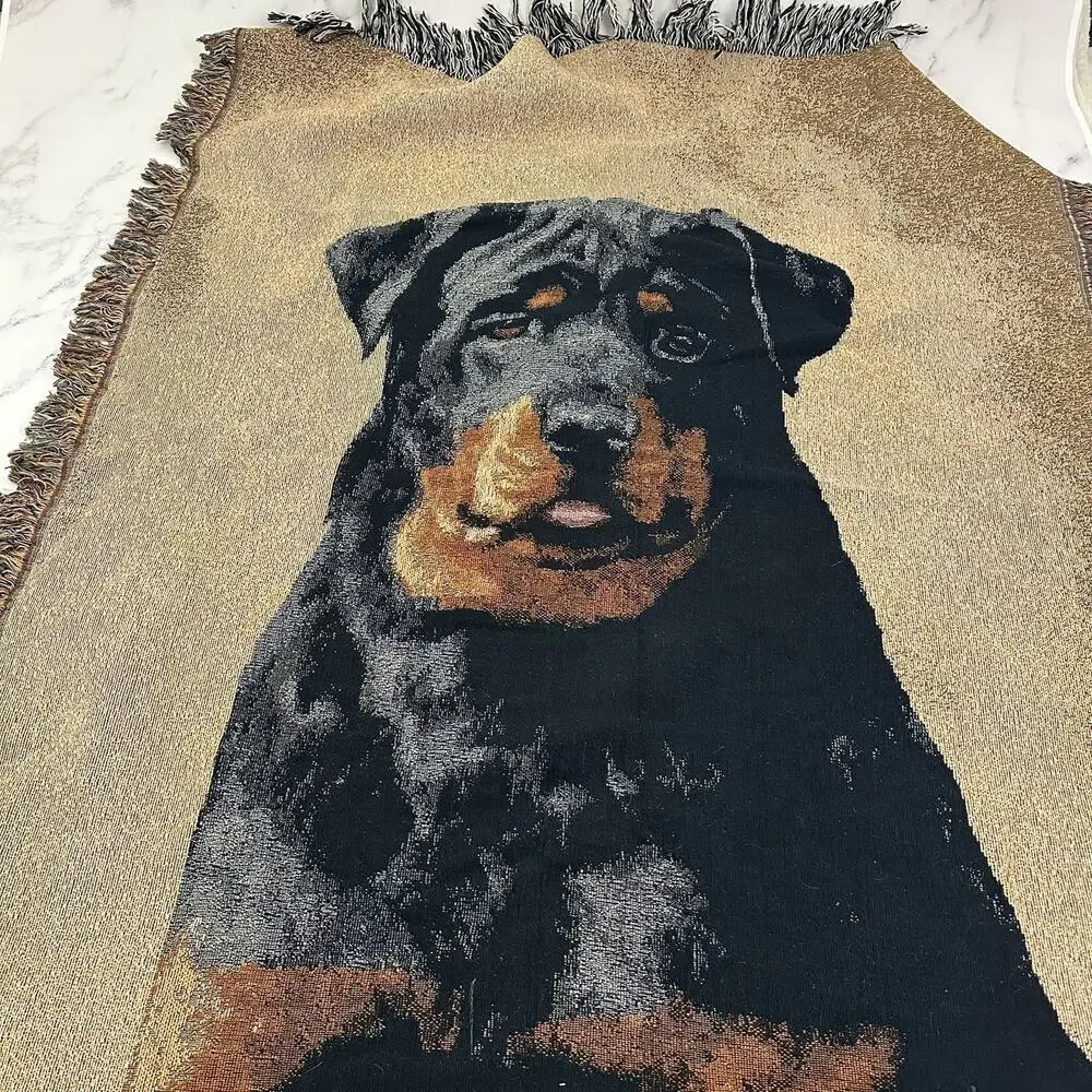 Linda Picken Vintage Y2k Dog Tapestry Throw Blanket Rottweiler Black Brown Woven